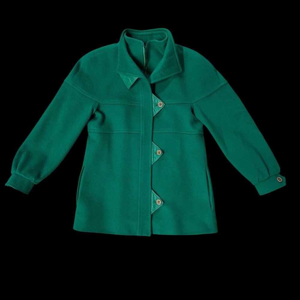 Vintage Womens Green Wool Coat Size 8 1980s Leather Accents Winter Zip Buttons - Picture 2 of 9